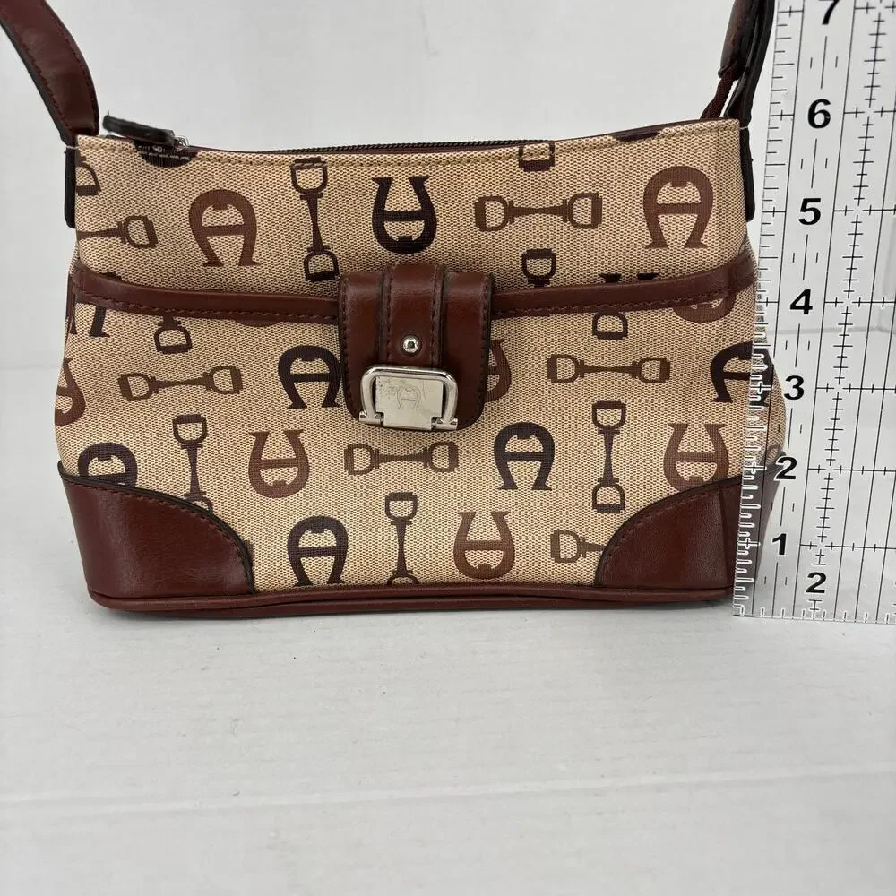 Etienne Aigner Handbag Tan Brown Canvas Leather Trim‎ Traditional Logo